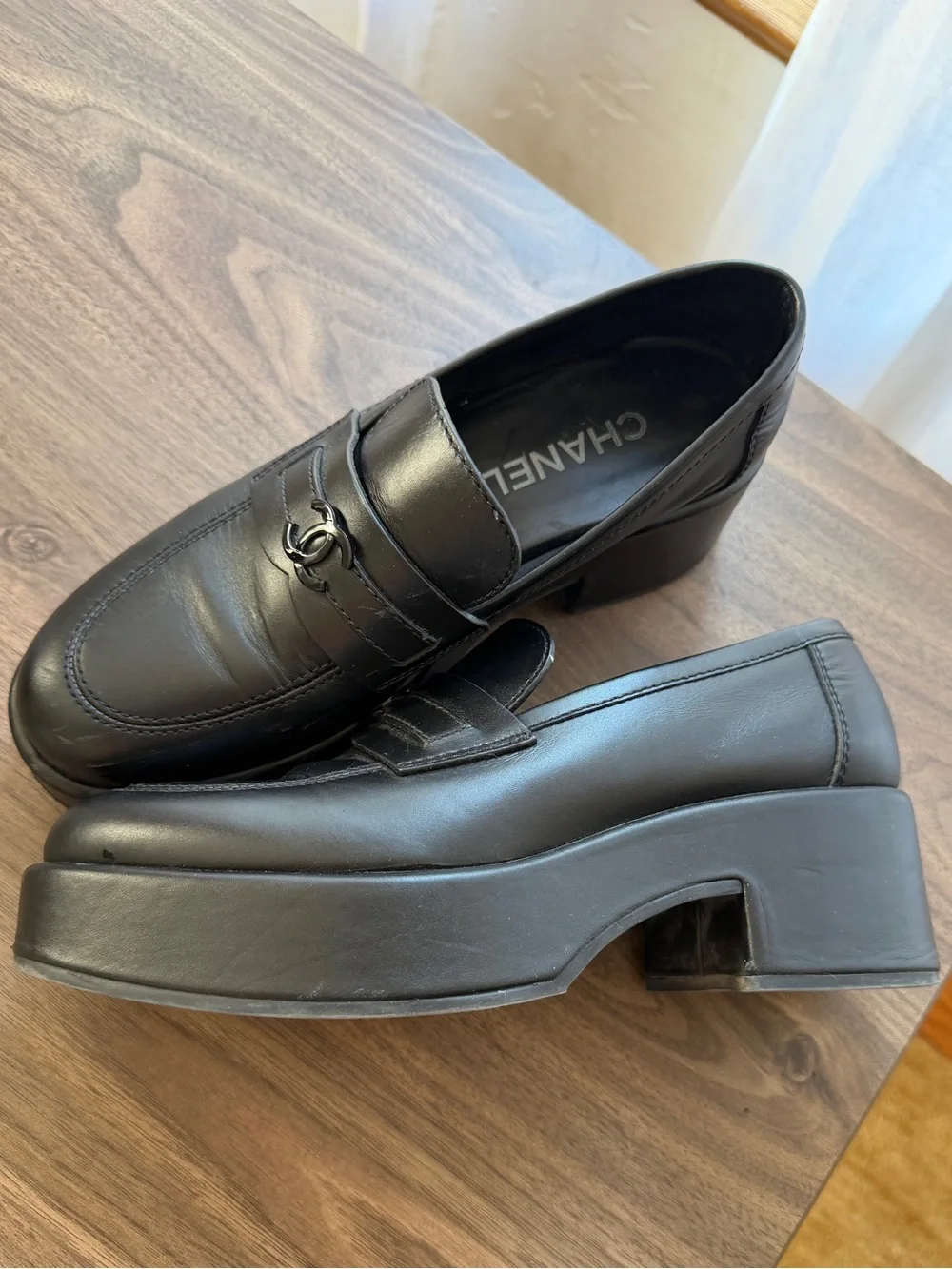 CHANEL Black Leather Platform Penny Loafers